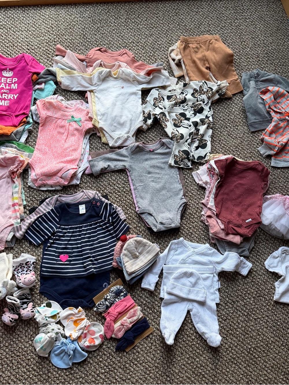 40+ Piece Baby Girl Clothing Bundle | 0–6M | Onesies, Outfit, Hats & More